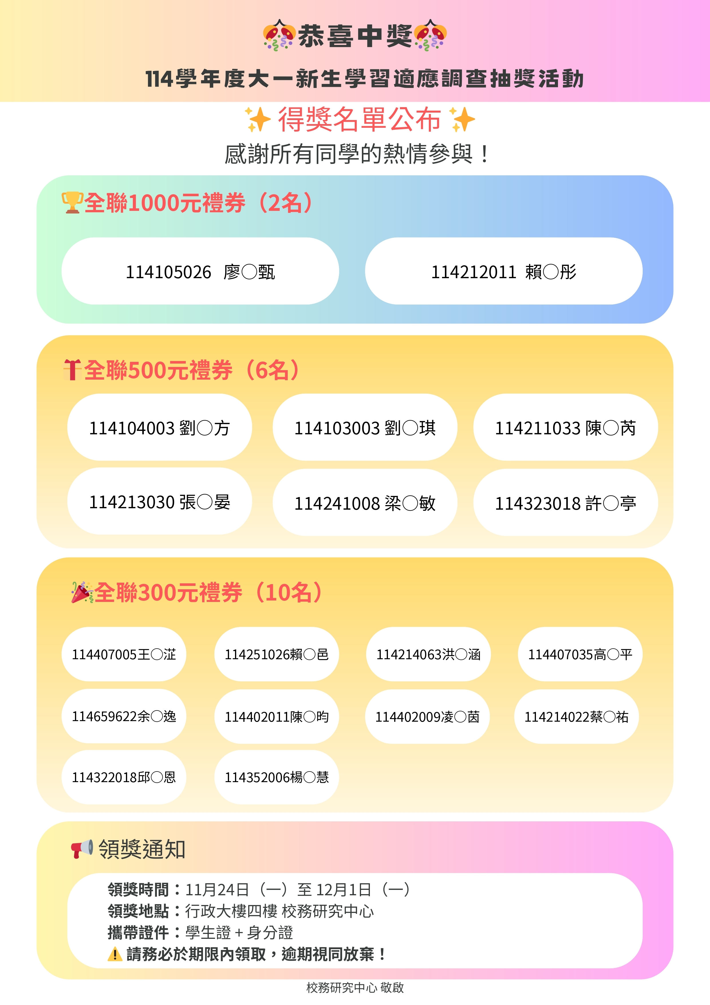 114學年度大一新生學習適應調查抽獎活動 
